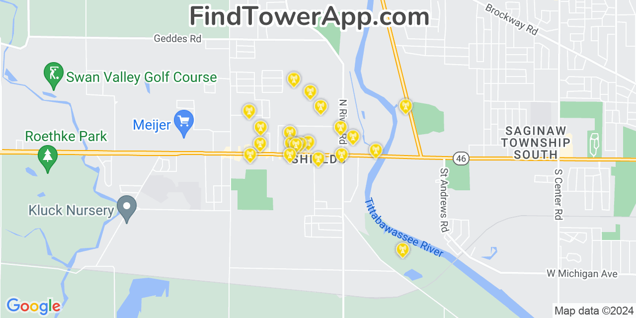AT&T 4G/5G cell tower coverage map Shields, Michigan