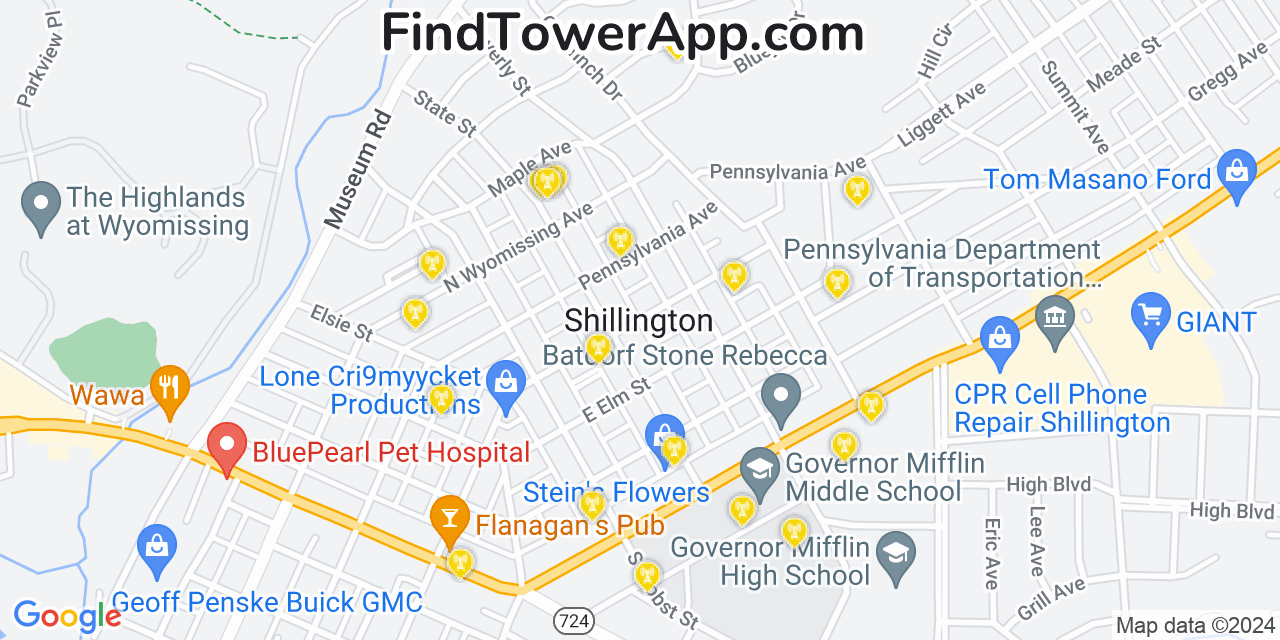 AT&T 4G/5G cell tower coverage map Shillington, Pennsylvania