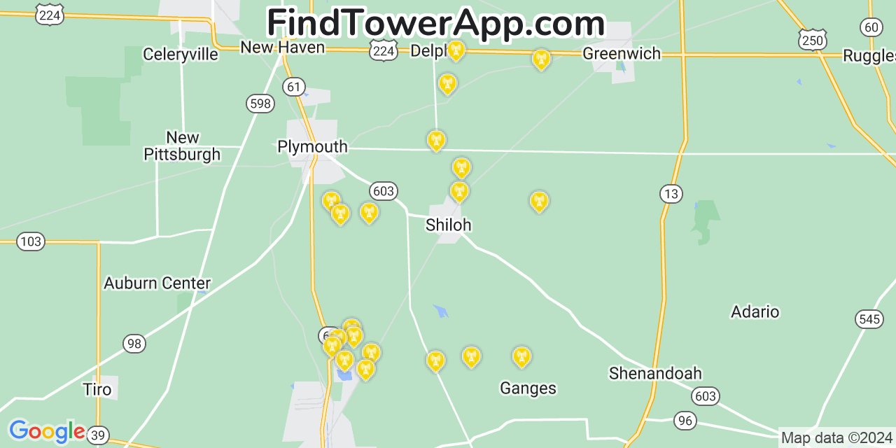 AT&T 4G/5G cell tower coverage map Shiloh, Ohio