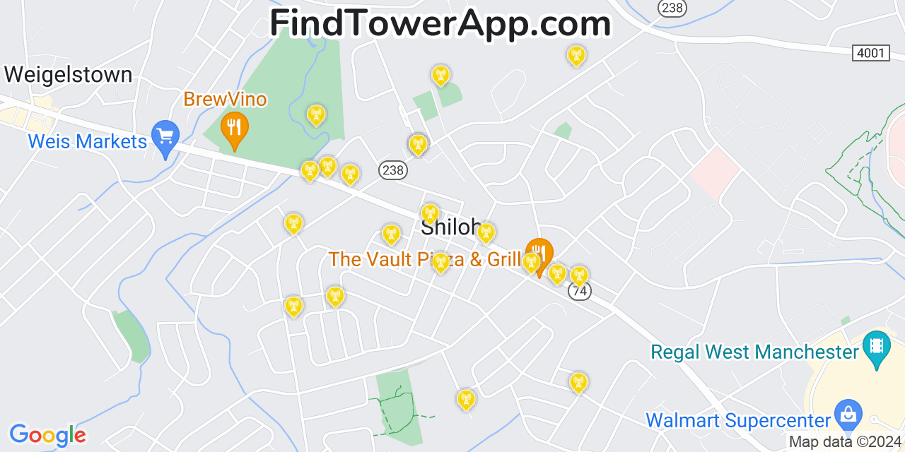 AT&T 4G/5G cell tower coverage map Shiloh, Pennsylvania