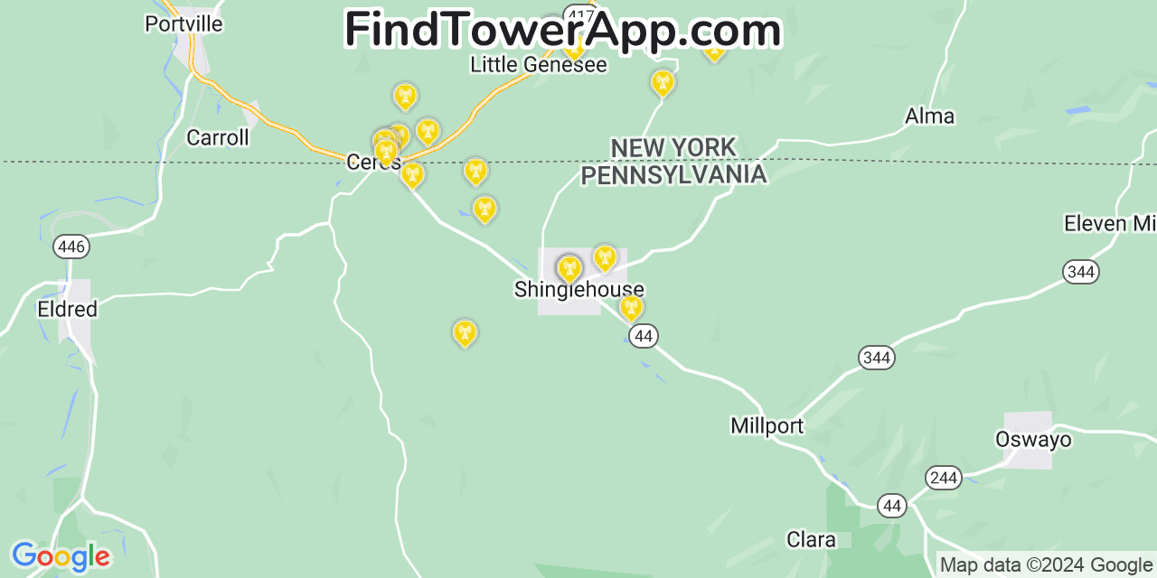 Verizon 4G/5G cell tower coverage map Shinglehouse, Pennsylvania