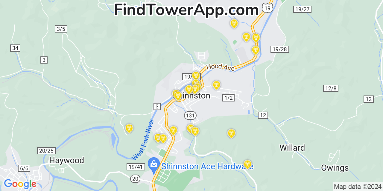 AT&T 4G/5G cell tower coverage map Shinnston, West Virginia