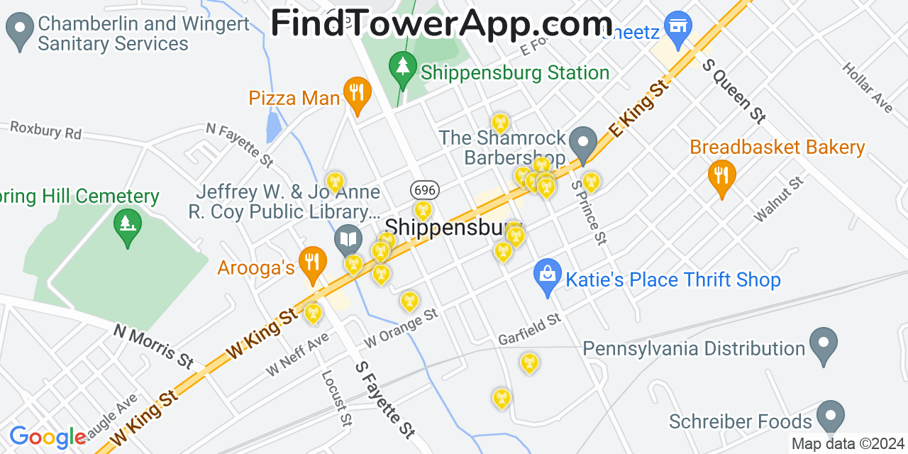 AT&T 4G/5G cell tower coverage map Shippensburg, Pennsylvania