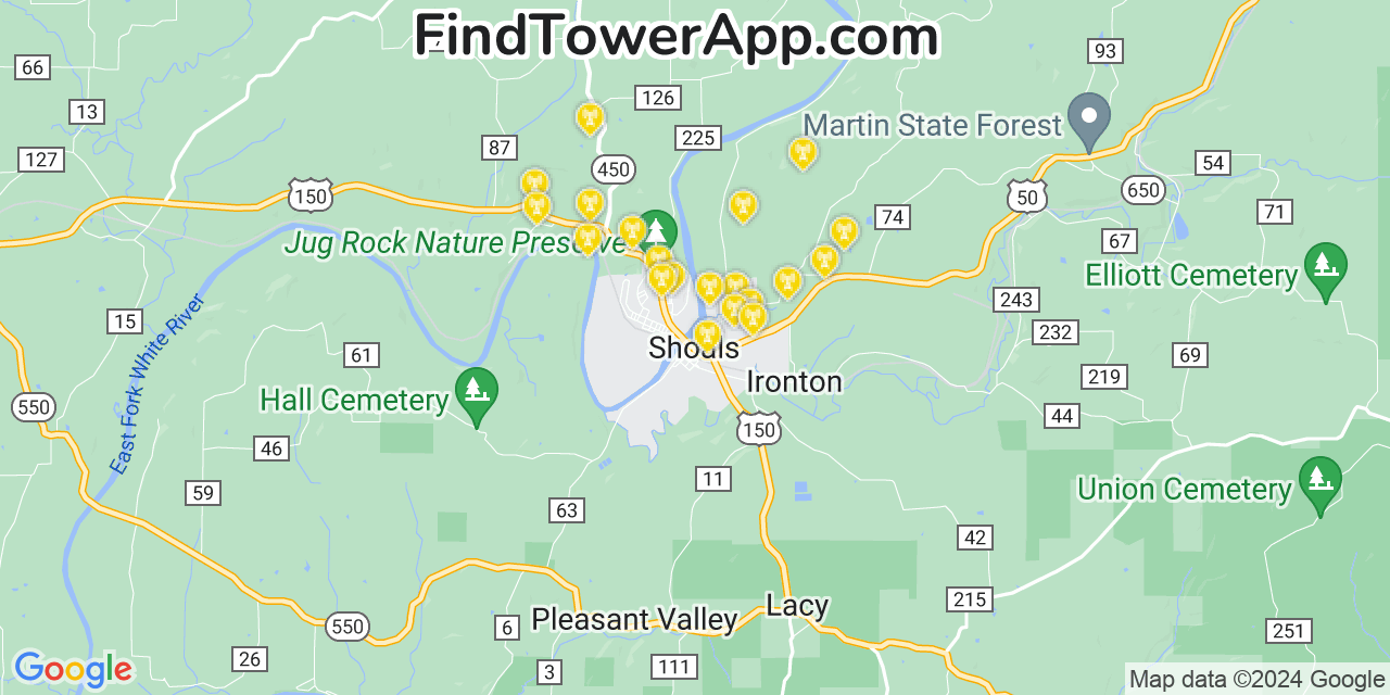 AT&T 4G/5G cell tower coverage map Shoals, Indiana