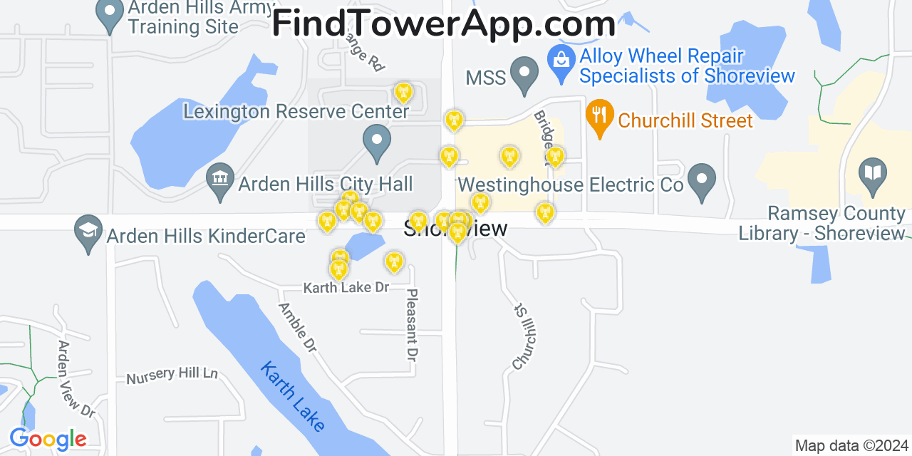 AT&T 4G/5G cell tower coverage map Shoreview, Minnesota
