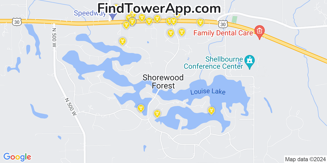 AT&T 4G/5G cell tower coverage map Shorewood Forest, Indiana