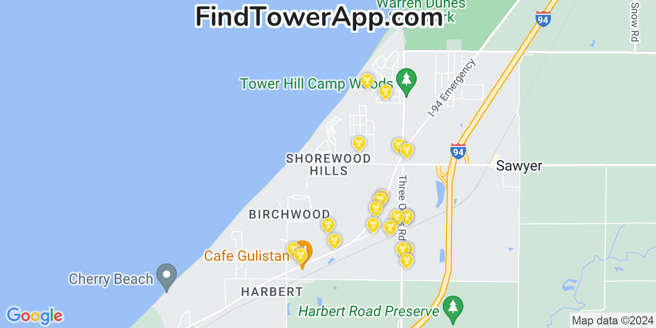 Verizon 4G/5G cell tower coverage map Shorewood Tower Hills Harbert, Michigan