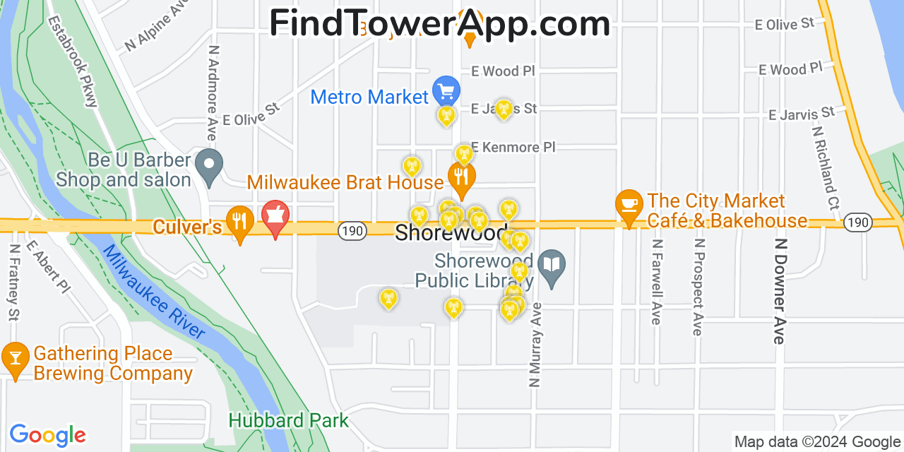 AT&T 4G/5G cell tower coverage map Shorewood, Wisconsin