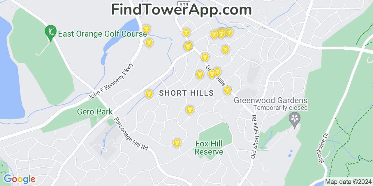 AT&T 4G/5G cell tower coverage map Short Hills, New Jersey