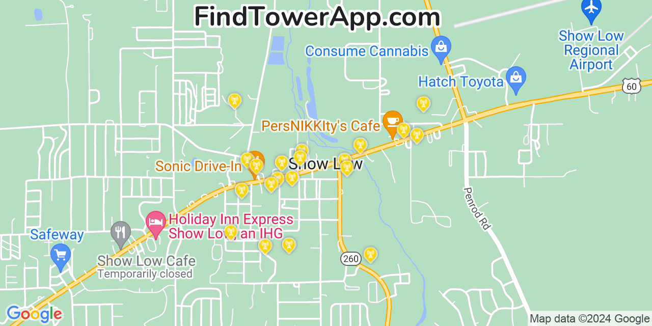 AT&T 4G/5G cell tower coverage map Show Low, Arizona