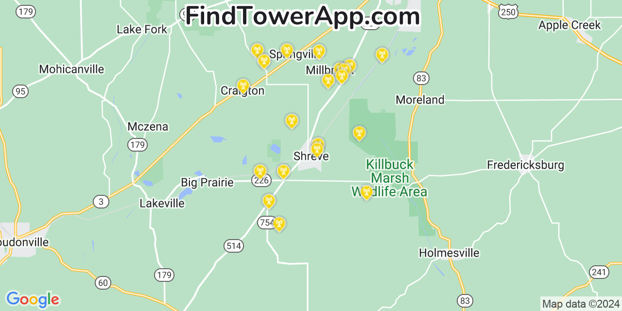 Verizon 4G/5G cell tower coverage map Shreve, Ohio