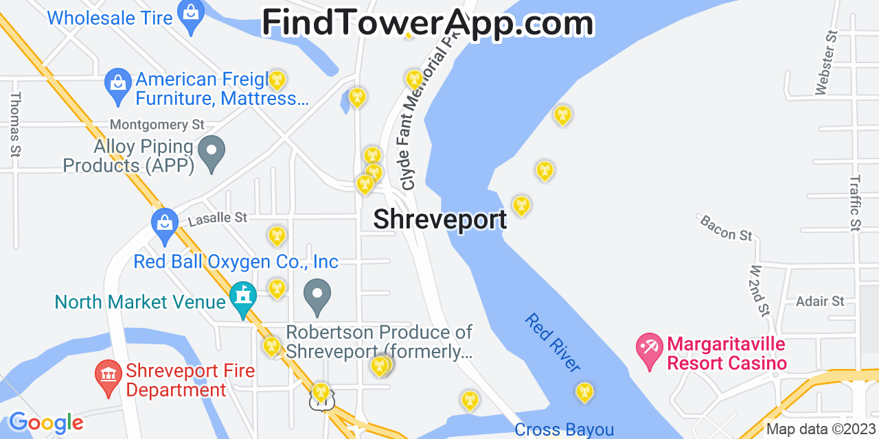 AT&T 4G/5G cell tower coverage map Shreveport, Louisiana