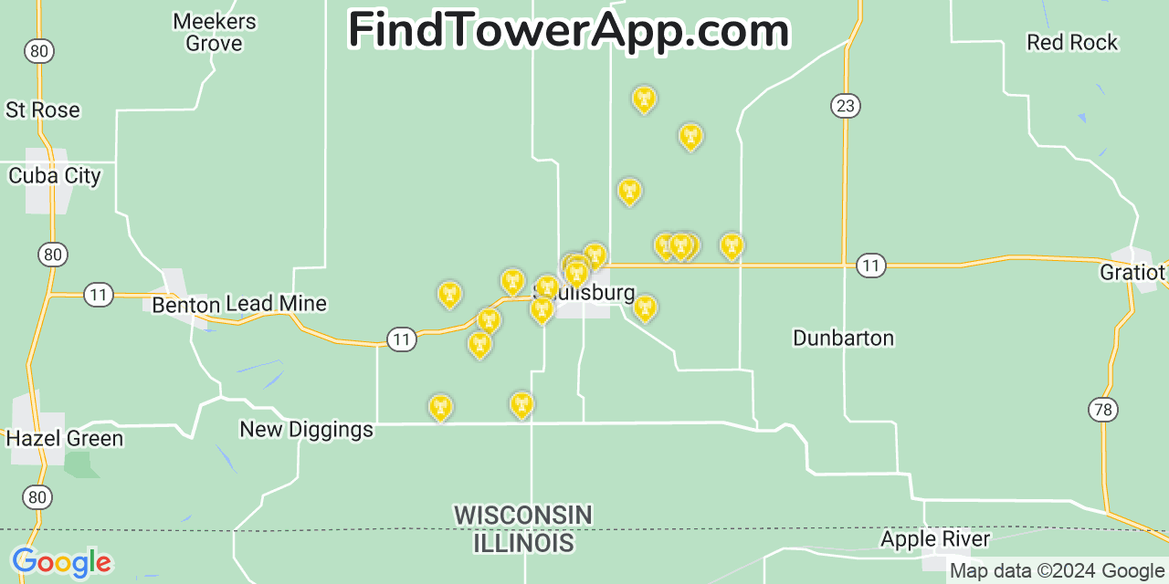 AT&T 4G/5G cell tower coverage map Shullsburg, Wisconsin