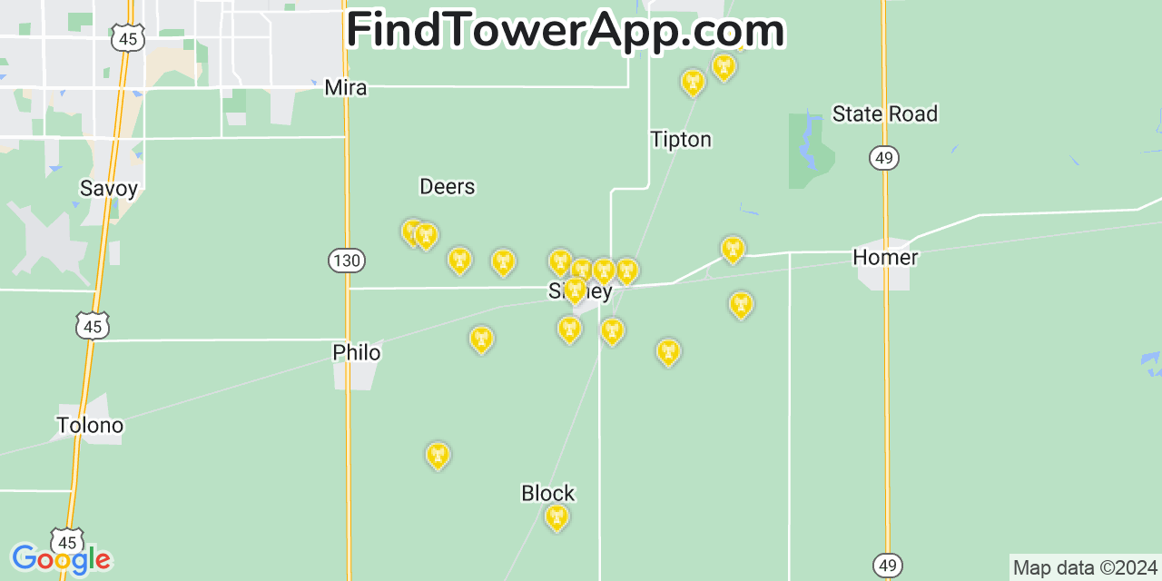 AT&T 4G/5G cell tower coverage map Sidney, Illinois
