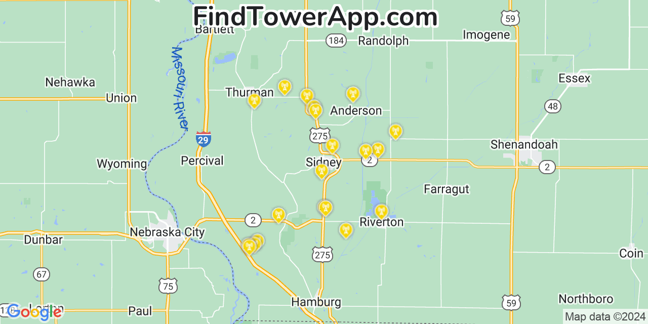 AT&T 4G/5G cell tower coverage map Sidney, Iowa