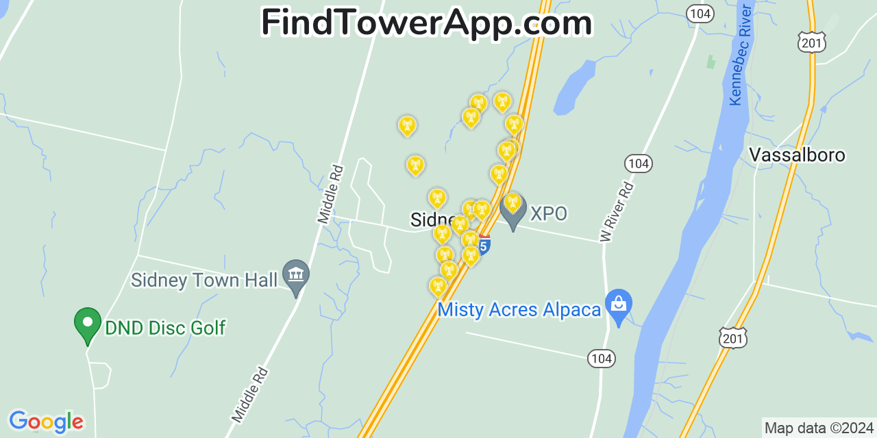 AT&T 4G/5G cell tower coverage map Sidney, Maine