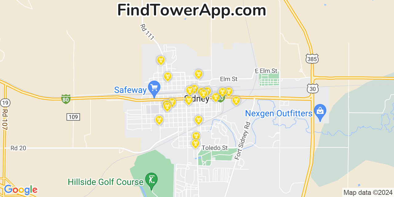 AT&T 4G/5G cell tower coverage map Sidney, Nebraska