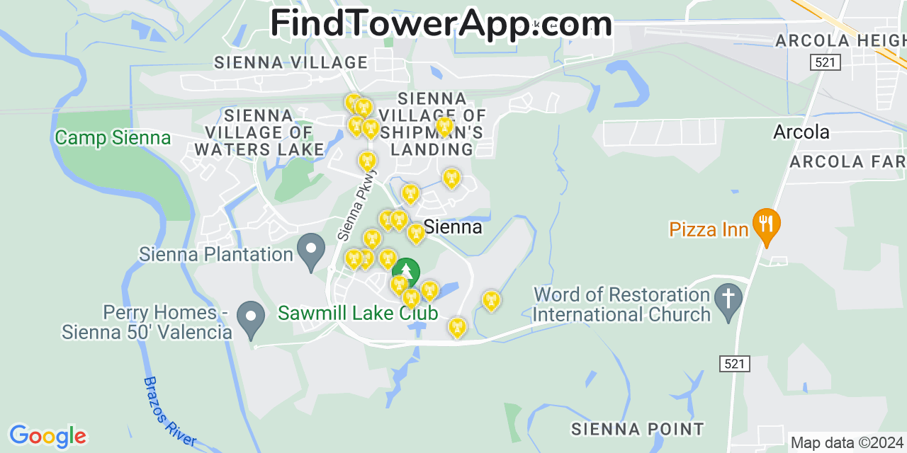 AT&T 4G/5G cell tower coverage map Sienna Plantation, Texas