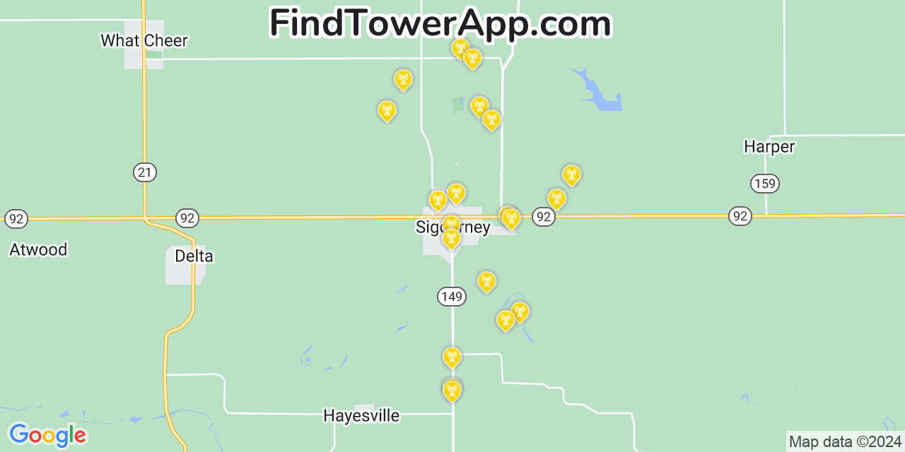 AT&T 4G/5G cell tower coverage map Sigourney, Iowa