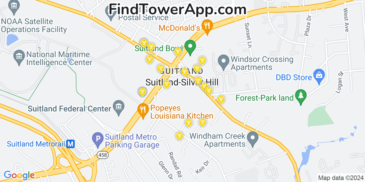 AT&T 4G/5G cell tower coverage map Silver Hill, Maryland