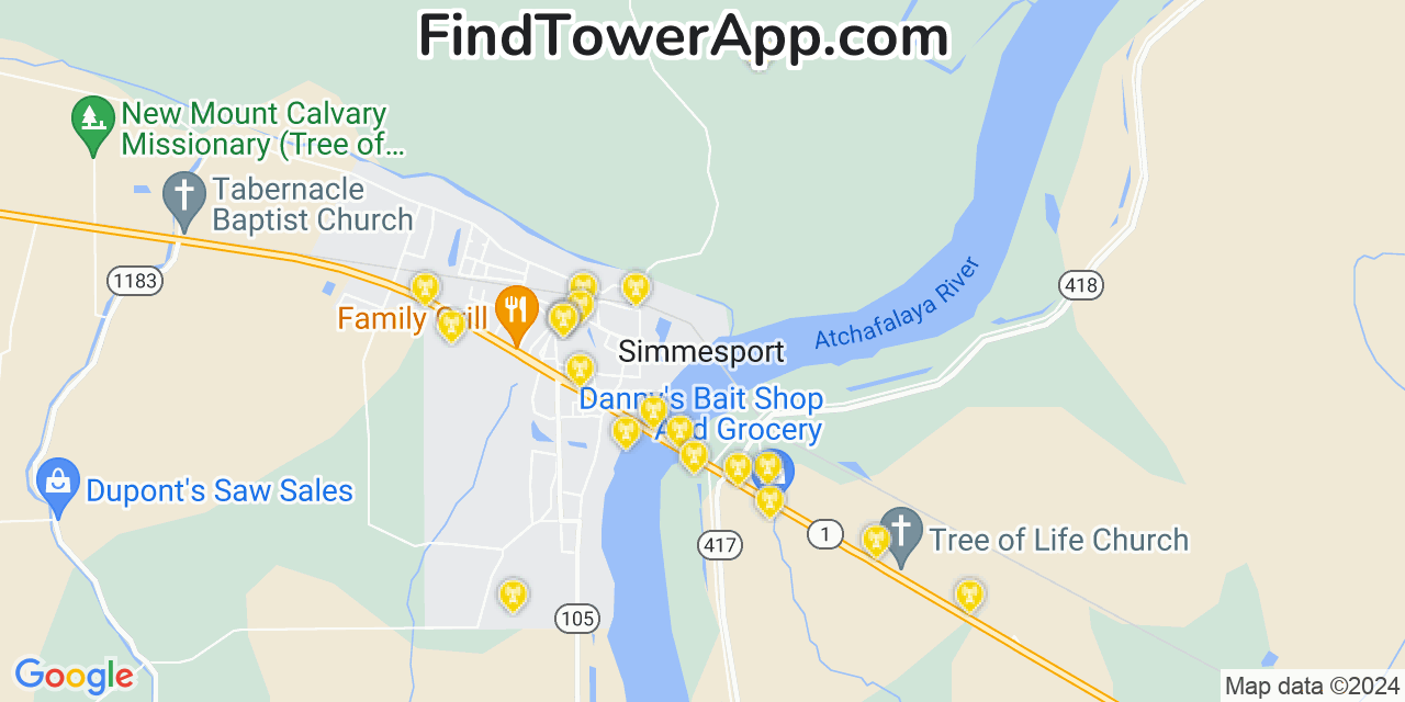 AT&T 4G/5G cell tower coverage map Simmesport, Louisiana
