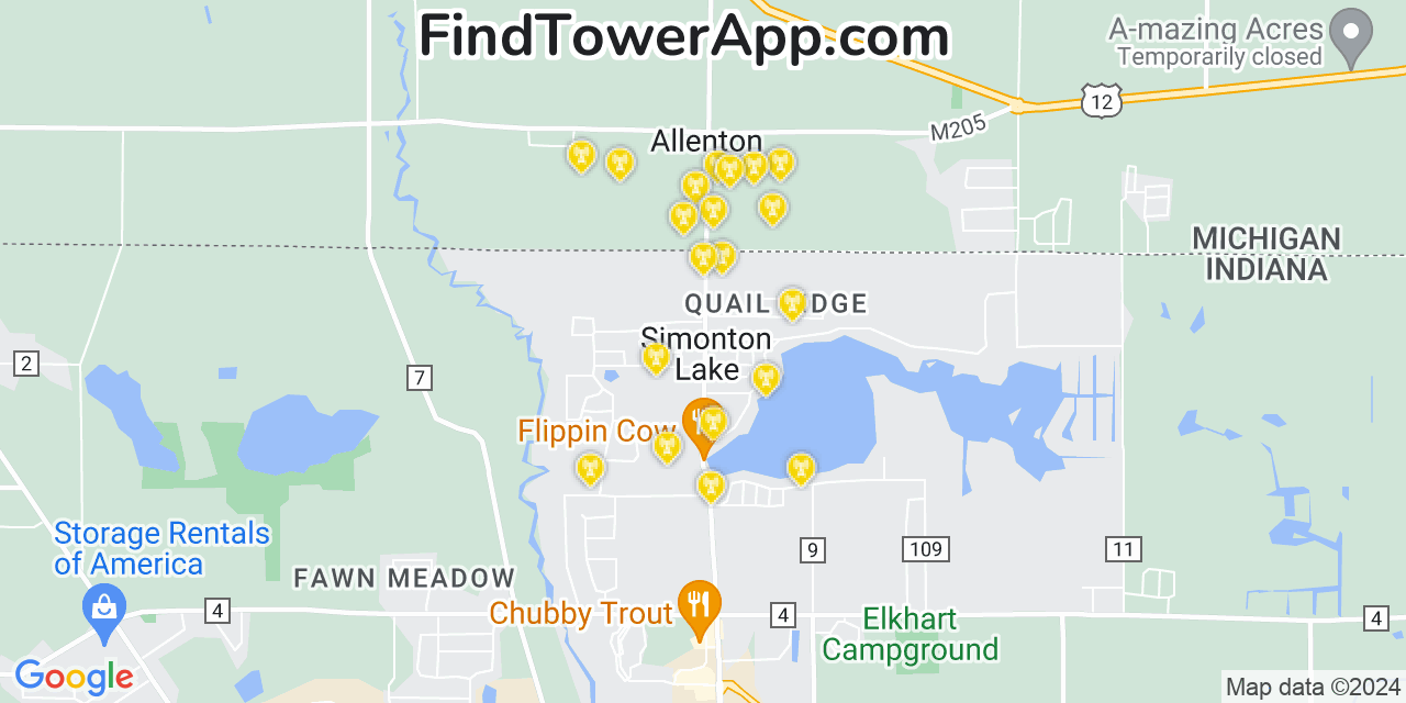 AT&T 4G/5G cell tower coverage map Simonton Lake, Indiana
