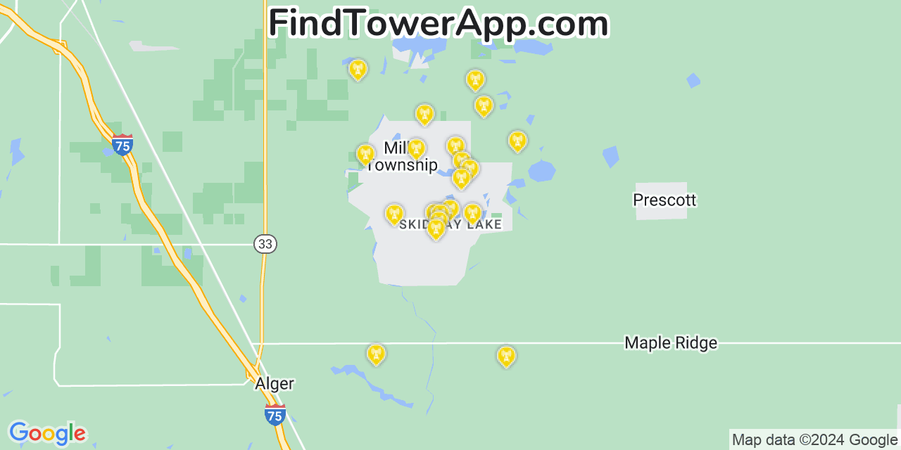 AT&T 4G/5G cell tower coverage map Skidway Lake, Michigan