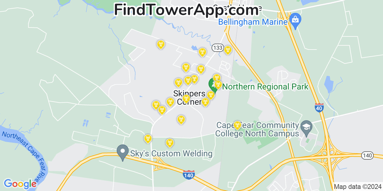 AT&T 4G/5G cell tower coverage map Skippers Corner, North Carolina