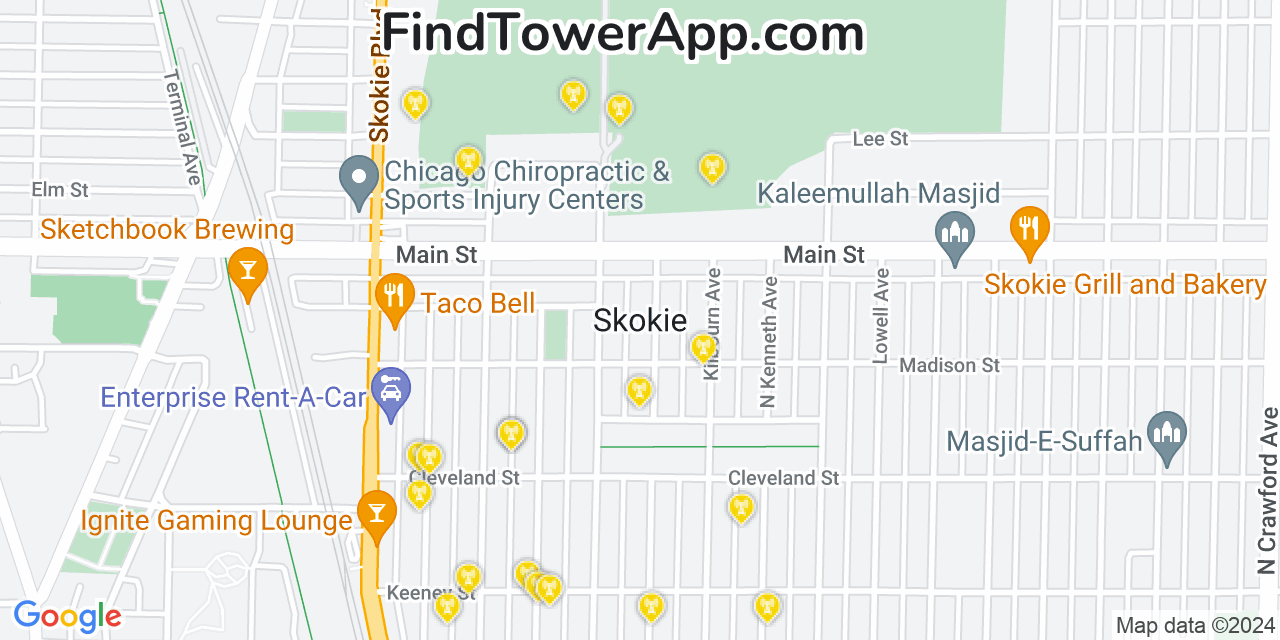 AT&T 4G/5G cell tower coverage map Skokie, Illinois
