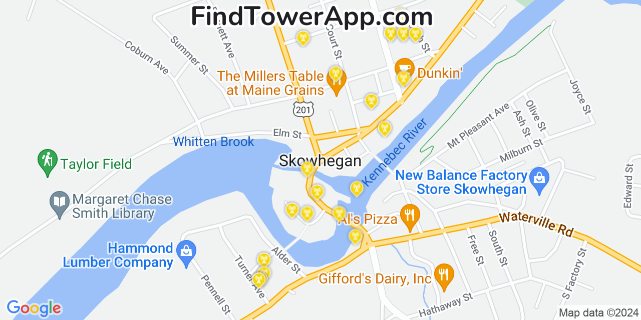 AT&T 4G/5G cell tower coverage map Skowhegan, Maine
