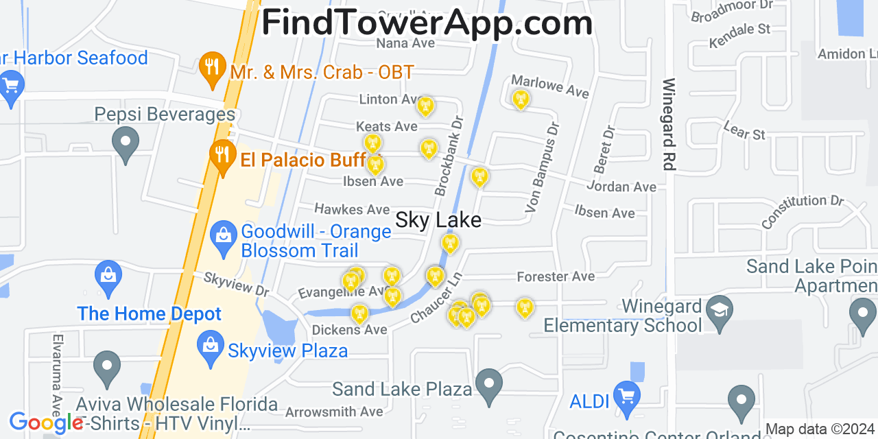 AT&T 4G/5G cell tower coverage map Sky Lake, Florida