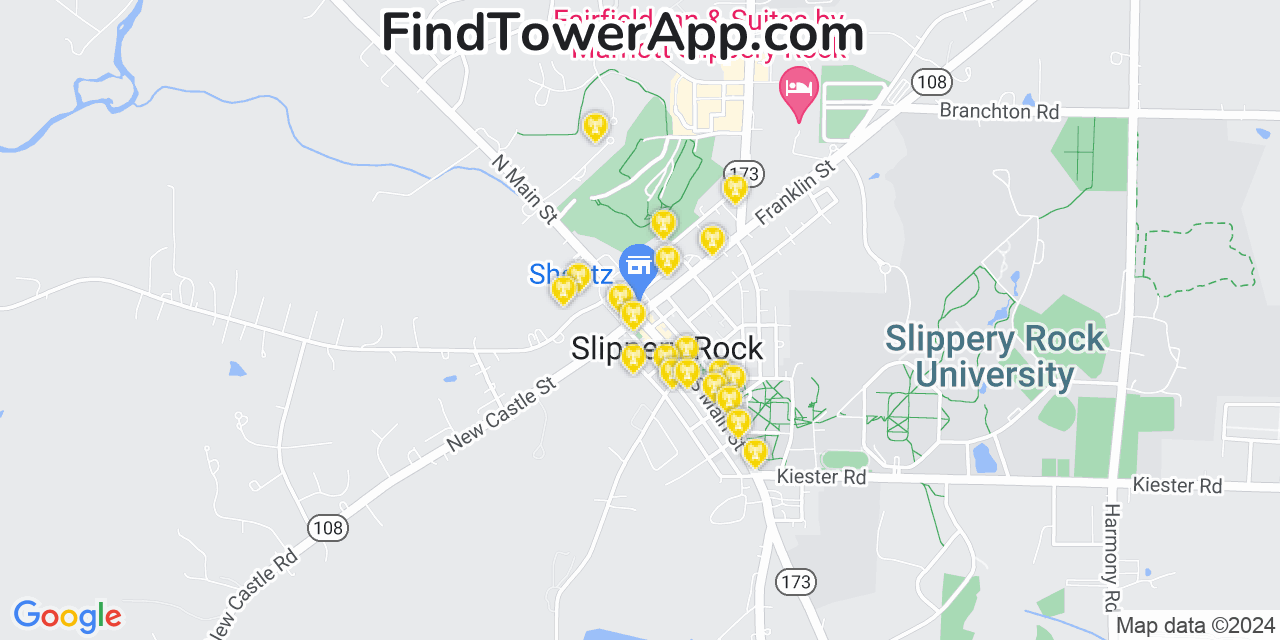 AT&T 4G/5G cell tower coverage map Slippery Rock, Pennsylvania