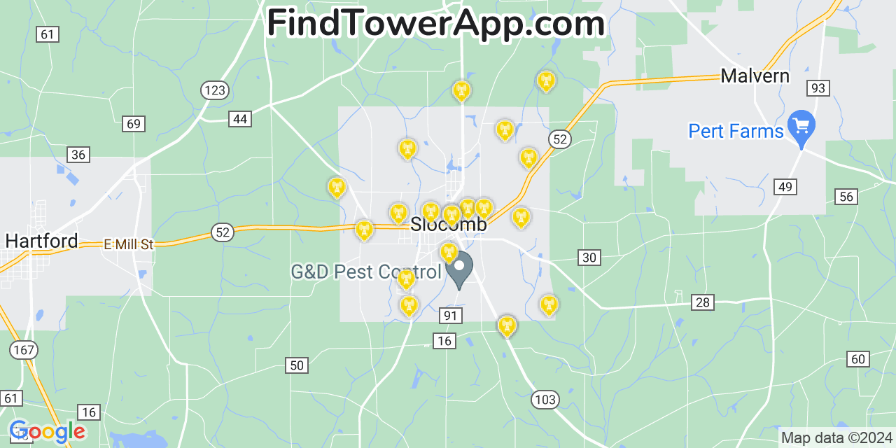 AT&T 4G/5G cell tower coverage map Slocomb, Alabama