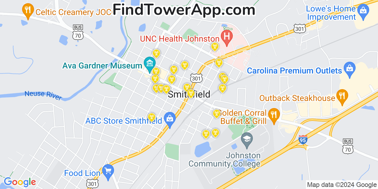 AT&T 4G/5G cell tower coverage map Smithfield, North Carolina