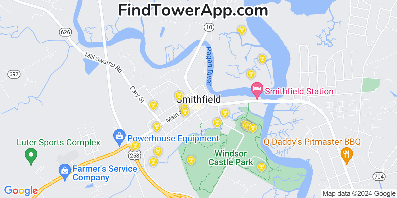 AT&T 4G/5G cell tower coverage map Smithfield, Virginia