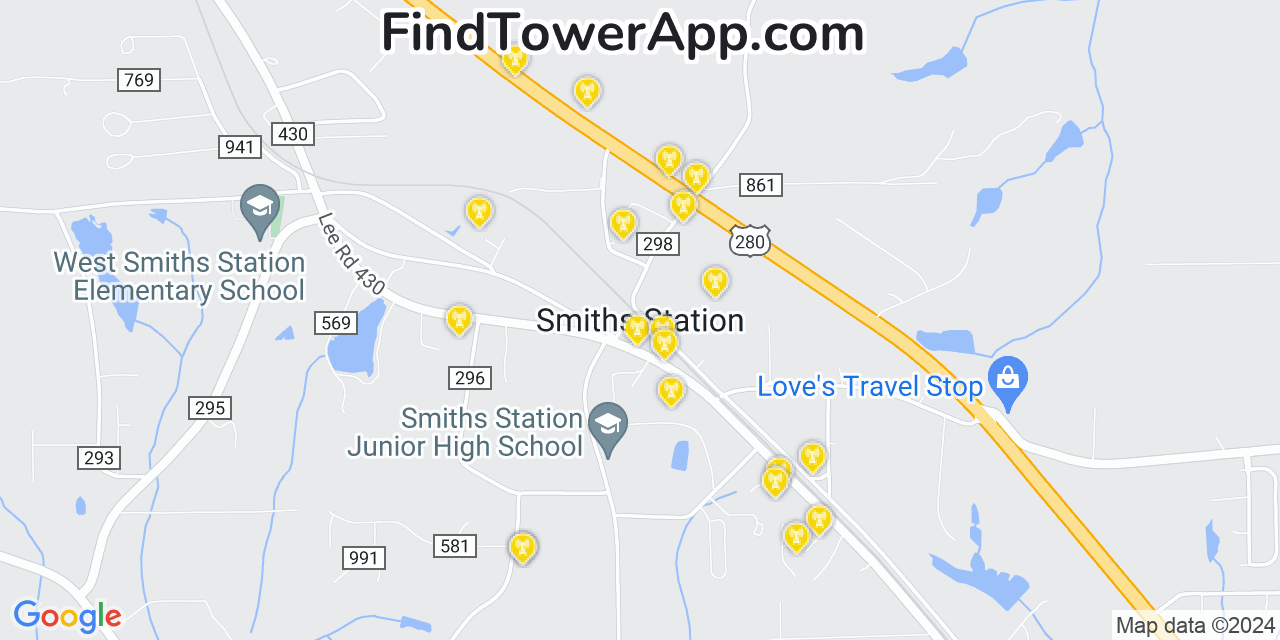 AT&T 4G/5G cell tower coverage map Smiths Station, Alabama