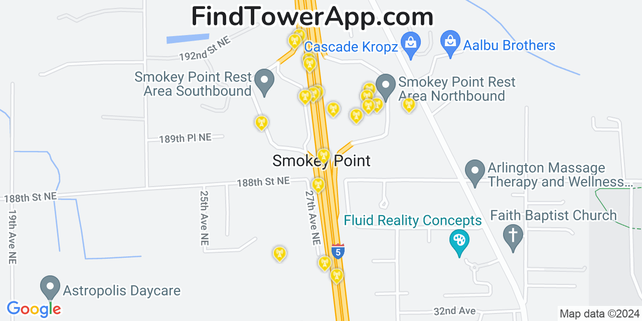 AT&T 4G/5G cell tower coverage map Smokey Point, Washington
