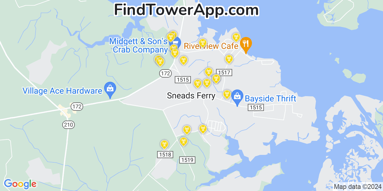 AT&T 4G/5G cell tower coverage map Sneads Ferry, North Carolina