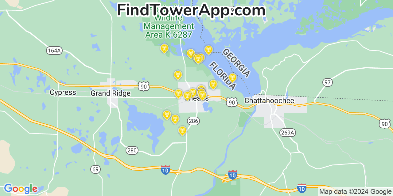 AT&T 4G/5G cell tower coverage map Sneads, Florida