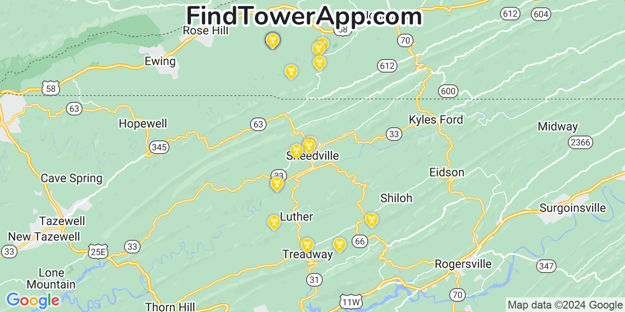 AT&T 4G/5G cell tower coverage map Sneedville, Tennessee