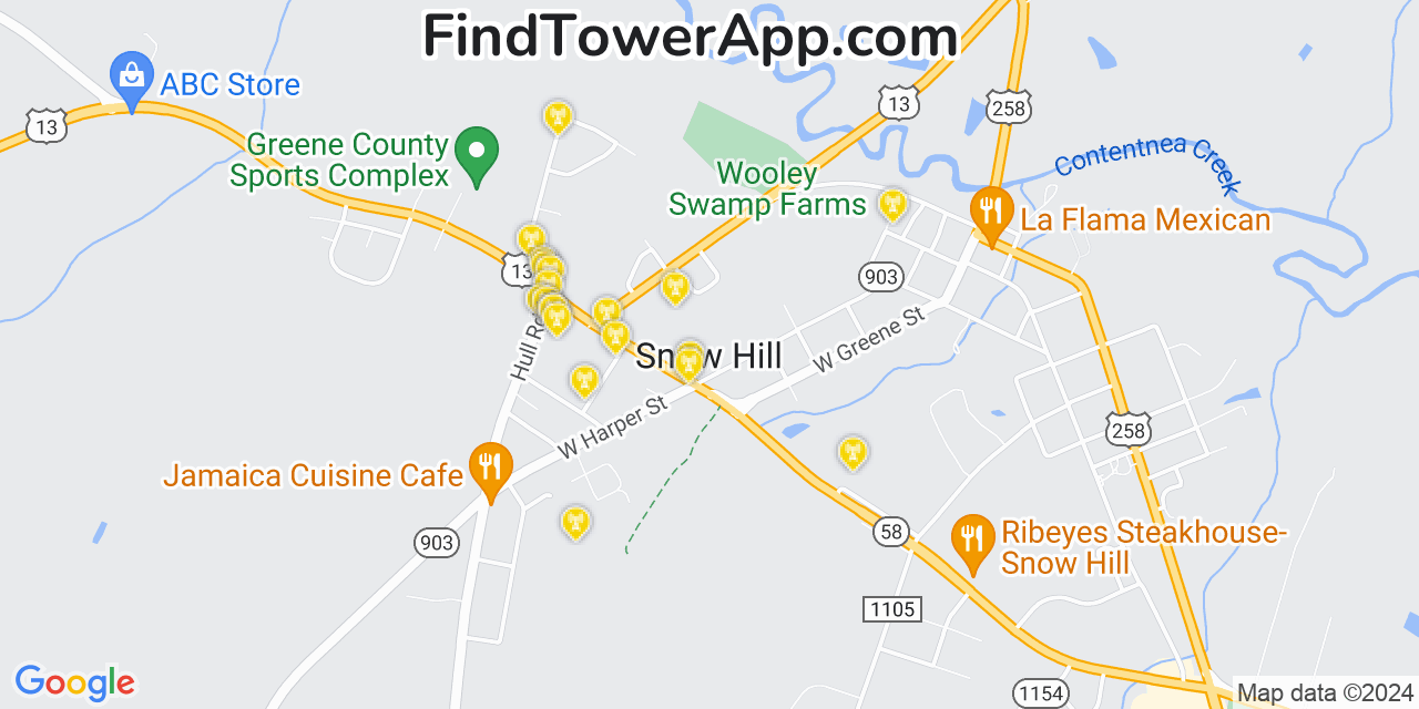 AT&T 4G/5G cell tower coverage map Snow Hill, North Carolina