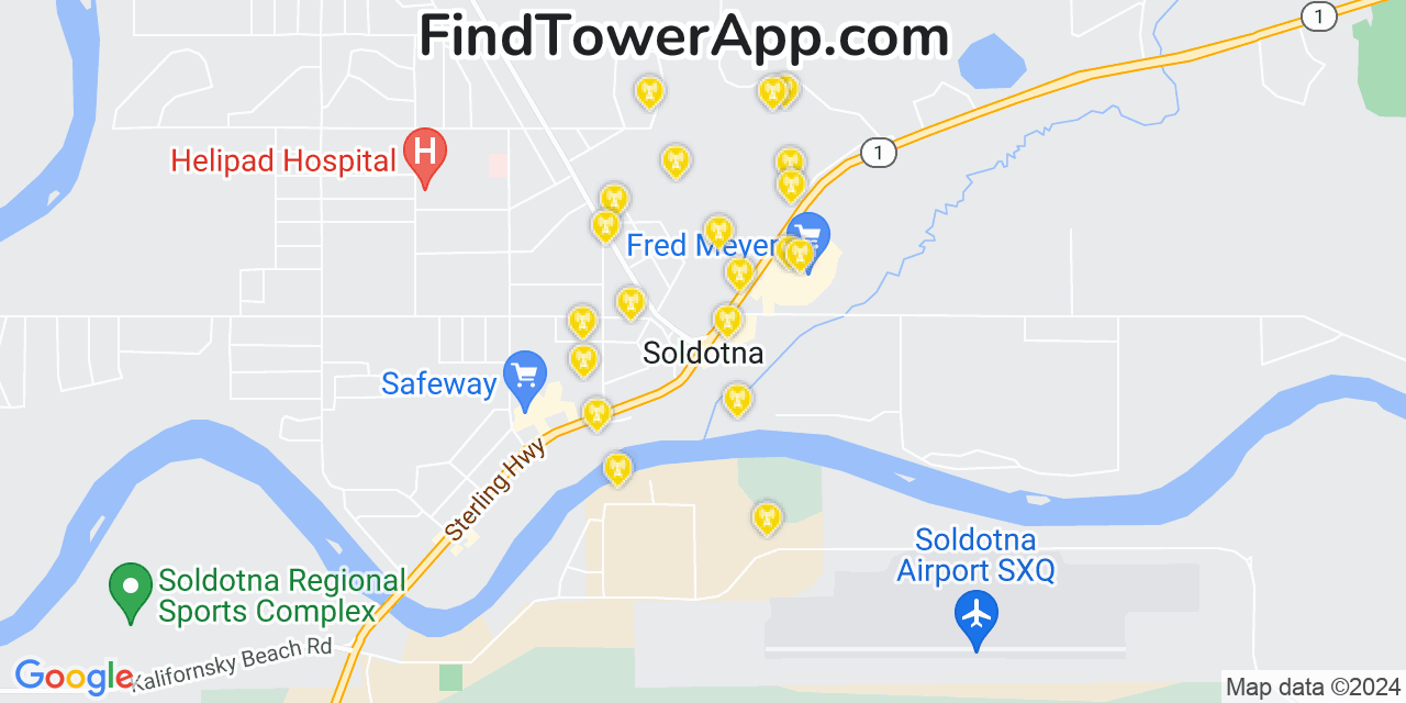 AT&T 4G/5G cell tower coverage map Soldotna, Alaska