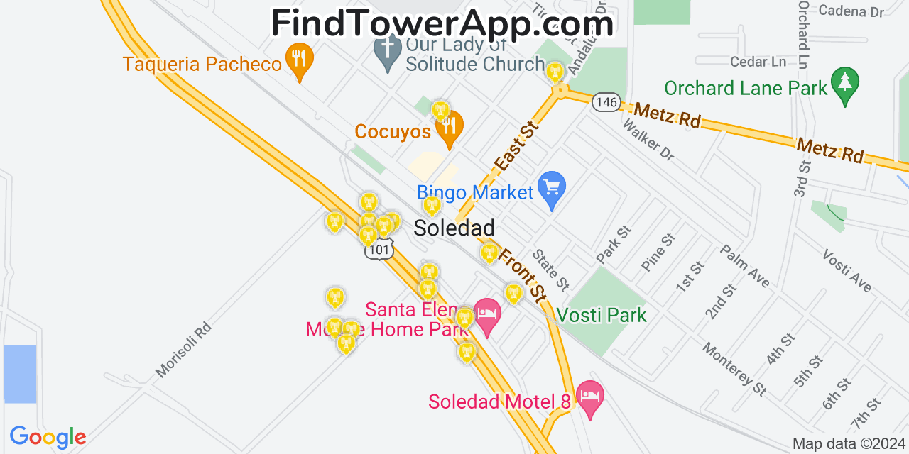 AT&T 4G/5G cell tower coverage map Soledad, California