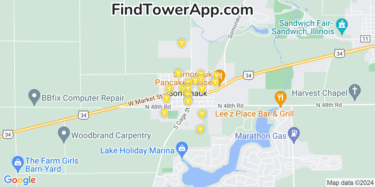 AT&T 4G/5G cell tower coverage map Somonauk, Illinois