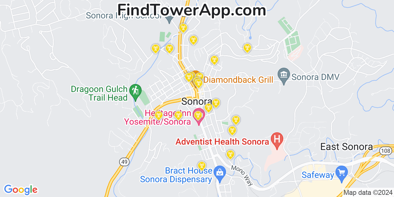 AT&T 4G/5G cell tower coverage map Sonora, California