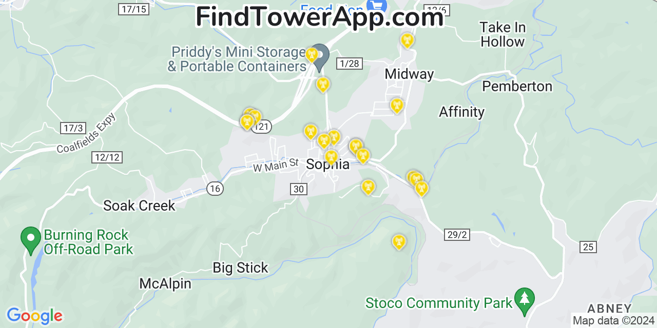 AT&T 4G/5G cell tower coverage map Sophia, West Virginia