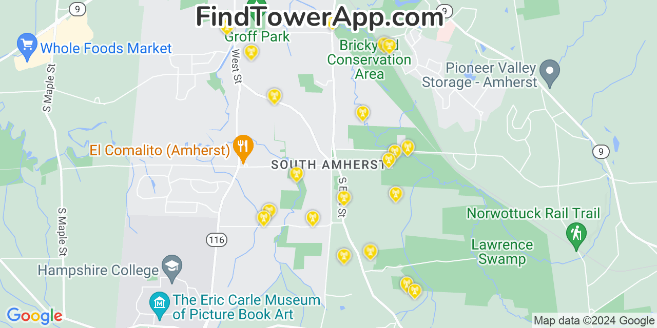 AT&T 4G/5G cell tower coverage map South Amherst, Massachusetts