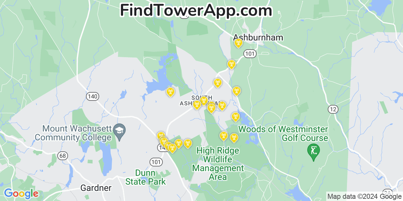 Verizon 4G/5G cell tower coverage map South Ashburnham, Massachusetts
