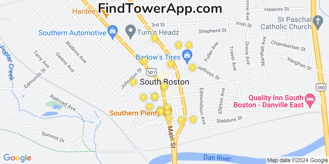 AT&T 4G/5G cell tower coverage map South Boston, Virginia