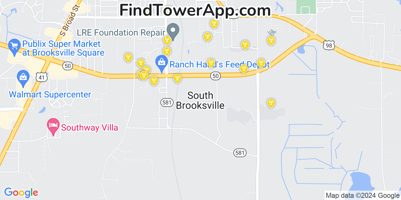 AT&T 4G/5G cell tower coverage map South Brooksville, Florida